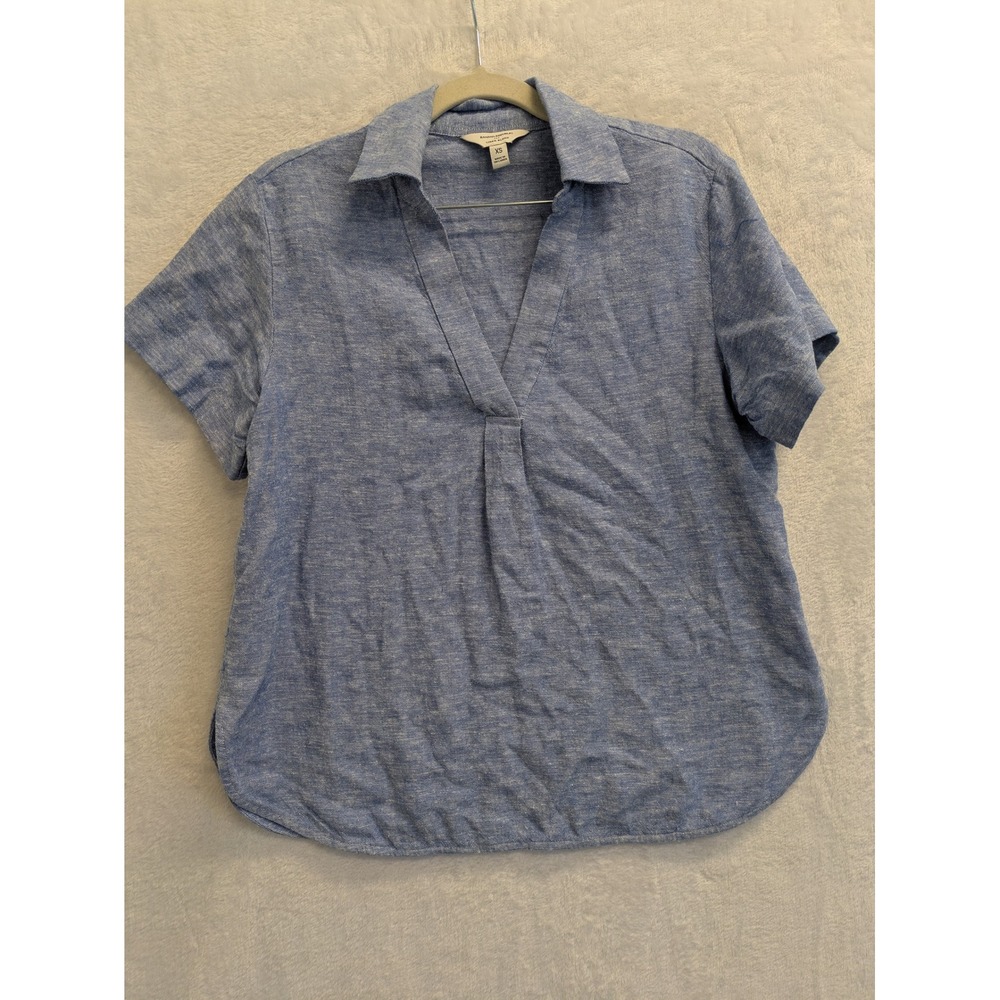 Banana Republic‎ Linen Blend Blue Top Womens XS Short Sleeve V-Neck Casual